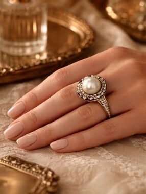 Heidi Daus EPearl and White Rhinestone Decorated Ring Size 9  12.8g